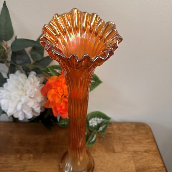 Fenton Rustic Marigold Carnival Glass Vase Candy Ribbon Edge Large Vintage - Picture 2 of 5